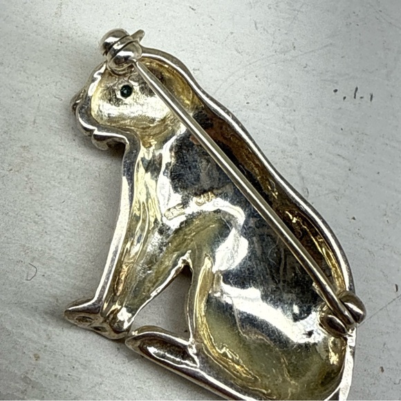 VTG Sterling Silver Emerald Eye Lion Panther Leopard Jaguar Kitty Cat Brooch Pin - Picture 4 of 6